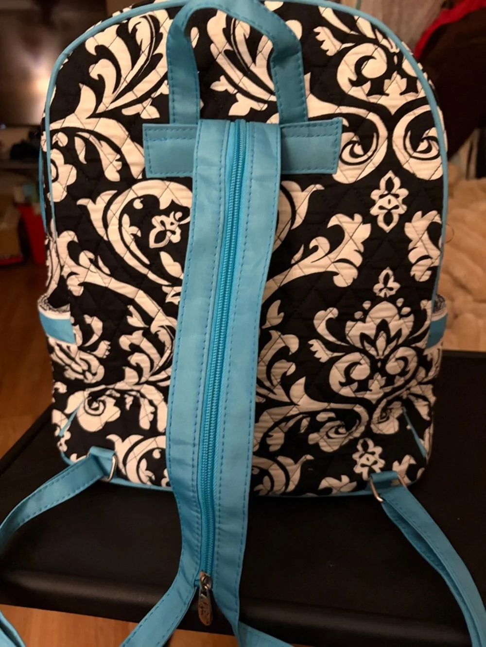 N. Gil Quilted Damask Mini Backpack with Blue Bow Detail